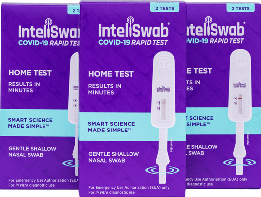 Three unopened boxes of InteliSwab COVID-19 Rapid Test